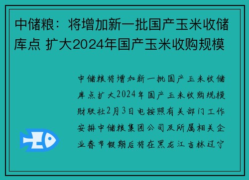 中储粮：将增加新一批国产玉米收储库点 扩大2024年国产玉米收购规模