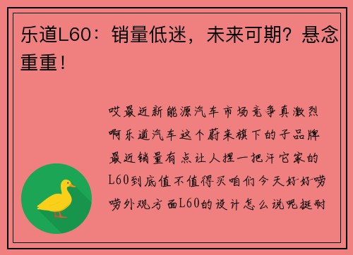 乐道L60：销量低迷，未来可期？悬念重重！