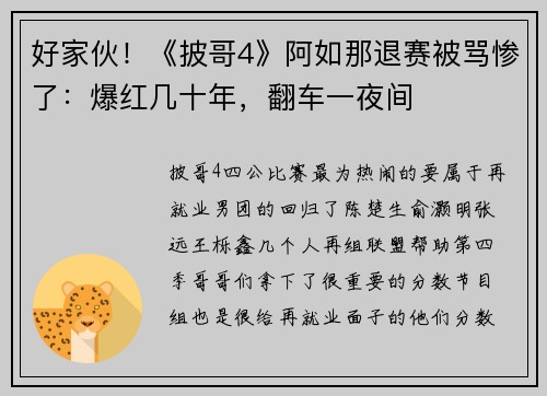 好家伙！《披哥4》阿如那退赛被骂惨了：爆红几十年，翻车一夜间
