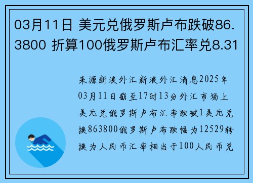03月11日 美元兑俄罗斯卢布跌破86.3800 折算100俄罗斯卢布汇率兑8.3180人民币