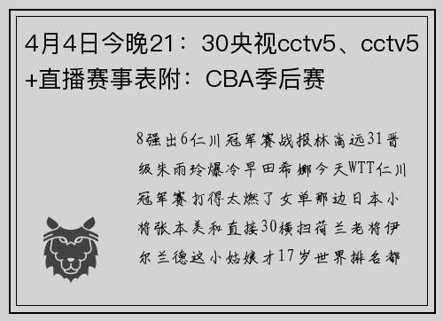 4月4日今晚21：30央视cctv5、cctv5+直播赛事表附：CBA季后赛