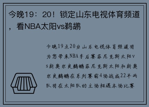 今晚19：20！锁定山东电视体育频道，看NBA太阳vs鹈鹕
