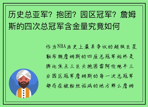 历史总亚军？抱团？园区冠军？詹姆斯的四次总冠军含金量究竟如何